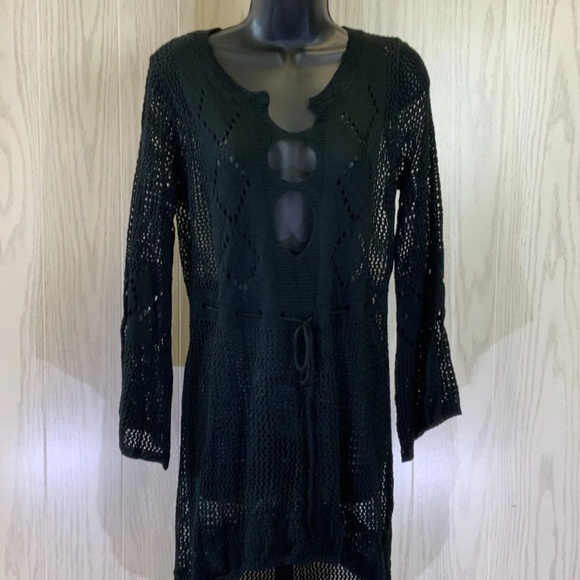 Women's V-Neck Crochet Bell Sleeve Swim Cover Up Dress, One Size, Black - Picture 7 of 8